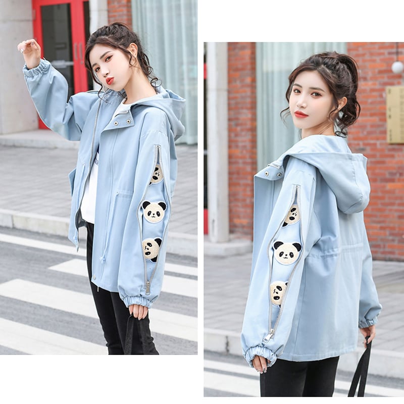 [QIZHI Series]★Jacket★ 3color Outer Panda with Hat Cute Casual Black Beige Blue