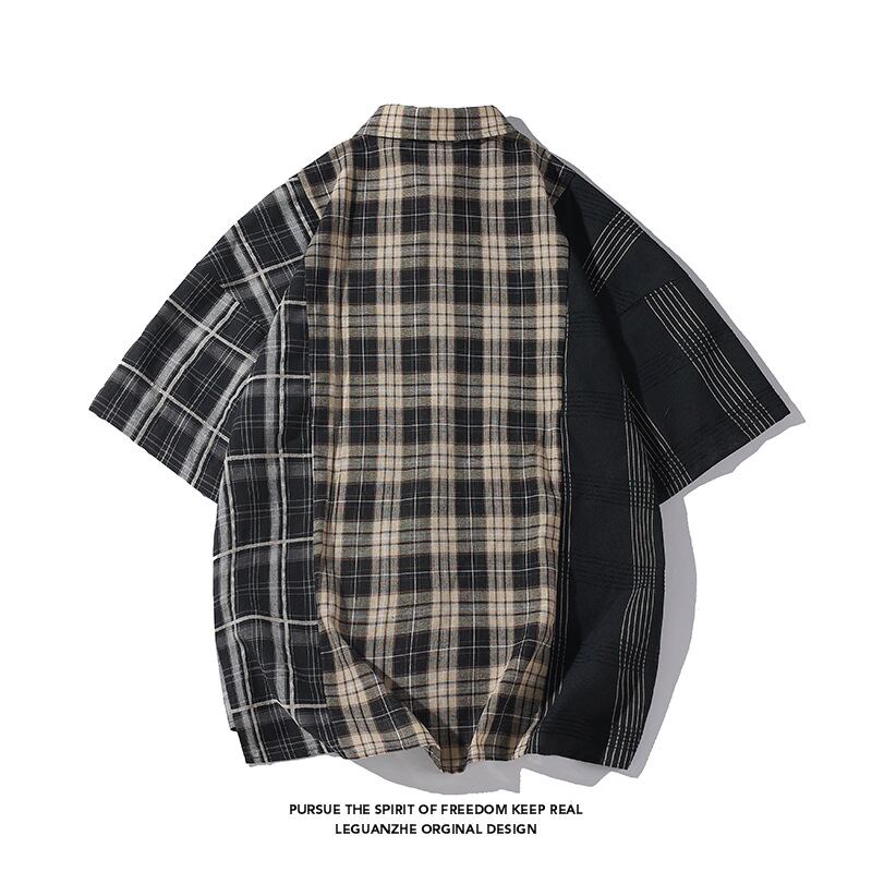 [BIGEMAN Series] ★Short sleeve shirt★ Tops, plaid pattern, unisex, men's, large size, switching