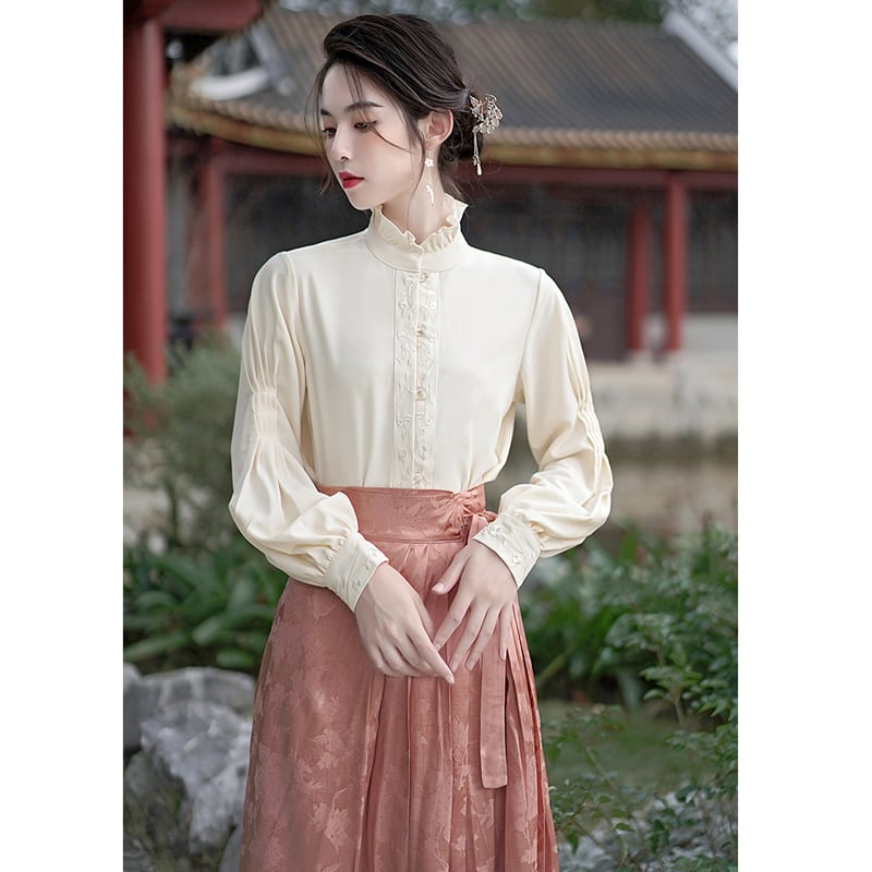 [Az Suna series] ★China style shirt★ Embroidery tops Stand neck Improves temperament Cute SML Date