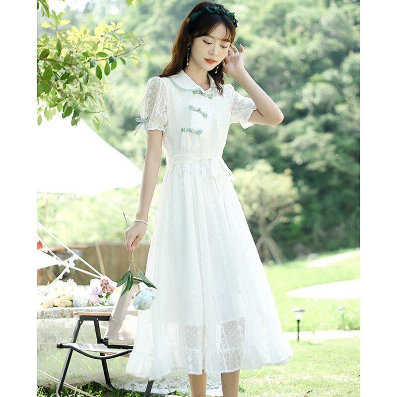 [White Sake Series] ★Chinese style dress★ Retro color scheme Chinese button white White temperament improvement date