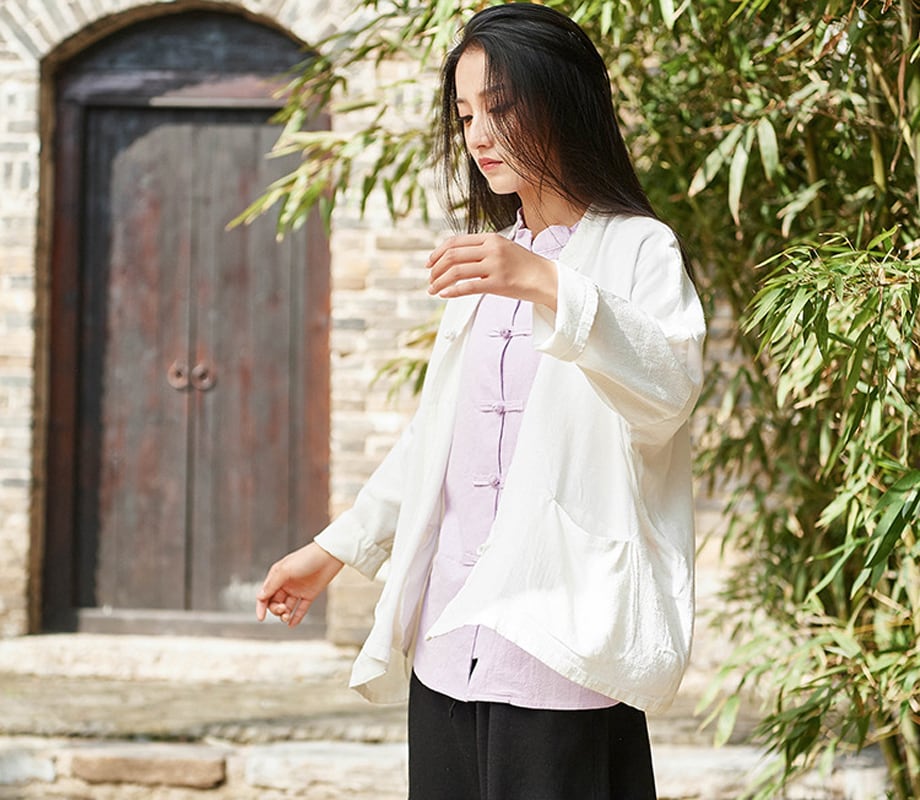 Chinese-style outerwear, tops, blouses, shirts, Chinese-style clothes, retro, literary style, ethnic style, girls' night out, class reunions, stand neck, long sleeves, short length, Chinese button, apricot, white, cotton linen fabric