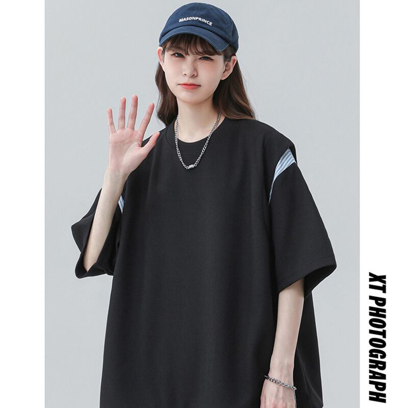 【CHAOMEICHENシリーズ】★Tシャツ★ 2color トップス 男女兼用 メンズ 夏服 半袖Tシャツ フェイクレイヤード 黒 白