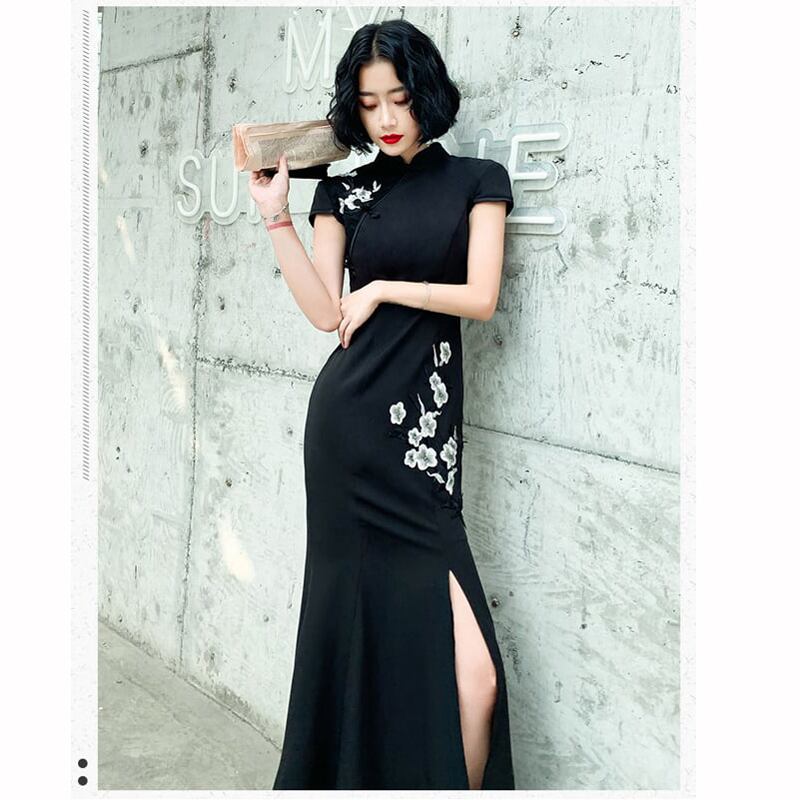 [Chouga series] ★Long length cheongsam dress★ 6 size mermaid line black