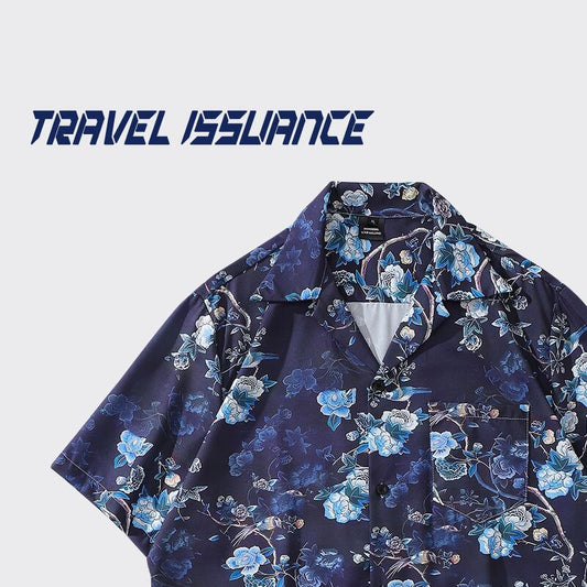 【TRAVEL ISSUANCEシリーズ】★半袖シャツ★ アロハシャツ 沖縄 ハワイ トップス 花柄シャツ 男女兼用 メンズ 青