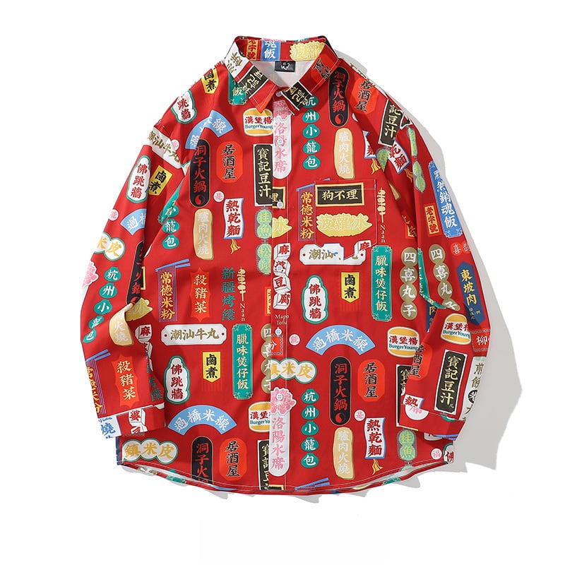 [BEAT BOY Series] ★Retro Shirt★ Printed Long Sleeve Shirt Tops Floral Pattern Letter Pattern Red Red Unique