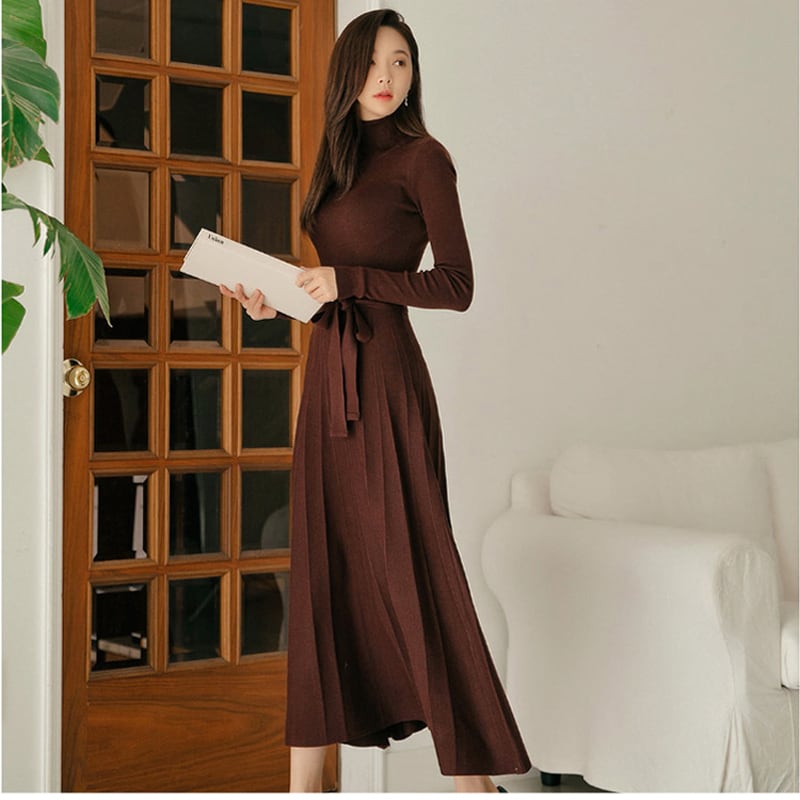 [Fumi Series]★Knit dress★ 2color long length commuting date office OL high neck slim