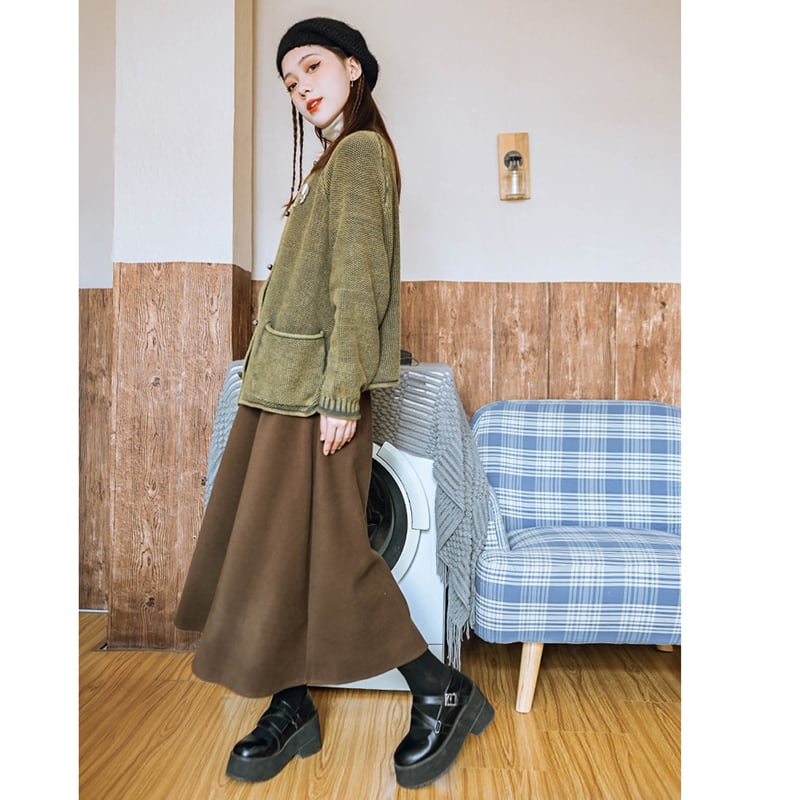 [Old Monster---Rachikuri Series] ★China style skirt★ Bottoms Lasha plain thick autumn/winter clothes brown