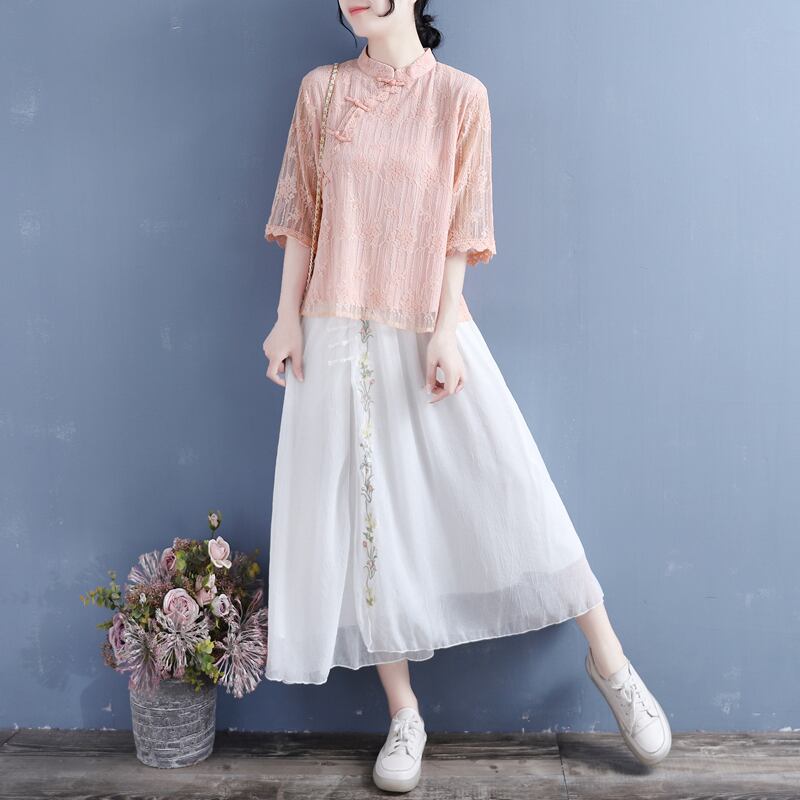 [Qing Series]★Chinese style shirt★ 4 colors lace Chinese clothes stand neck easy to match summer simple