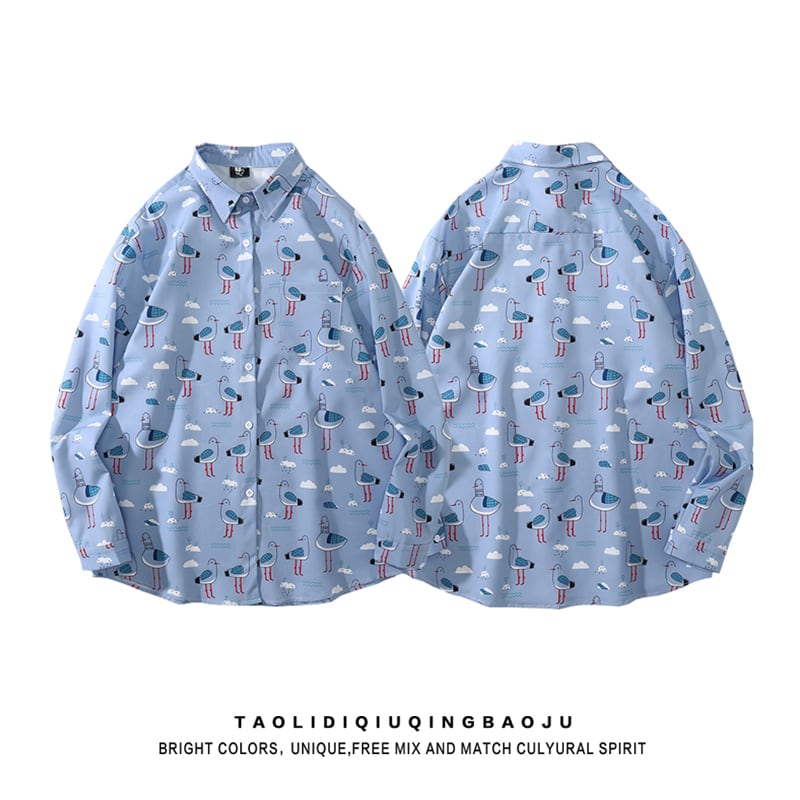 【WEIJIAシリーズ】★シャツ★ トップス 花柄シャツ 長袖シャツ 鳥 鳥柄  動物柄 男女兼用 メンズ M L XL 2XL ブルー 青い