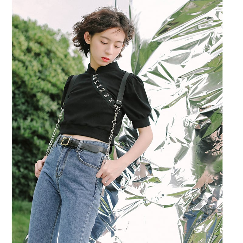 [Yangji Great Dream Series] ★Chinese style T-shirt★ Tops, short sleeves, black, slimming, simple, Chinese clothes, summer clothes