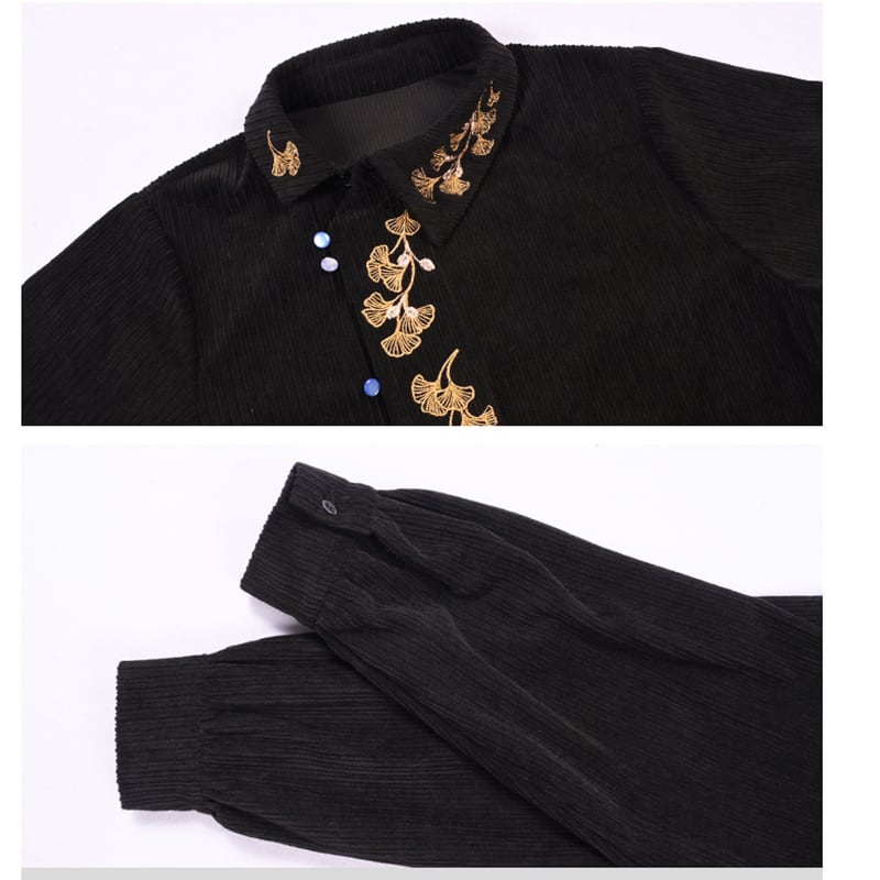 [Kokaisha --- Leaf Series] ★Chinese style tops★ Embroidery Hanfu tops Corduroy Thick Autumn/Winter Clothes Retro Black