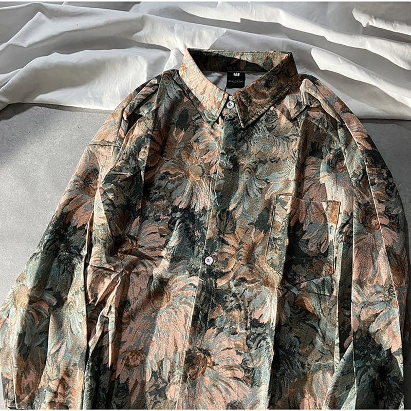 [STRAPPING Series]★Shirt★ 2color oil painting style tops unisex floral pattern blue brown ML XL 2XL