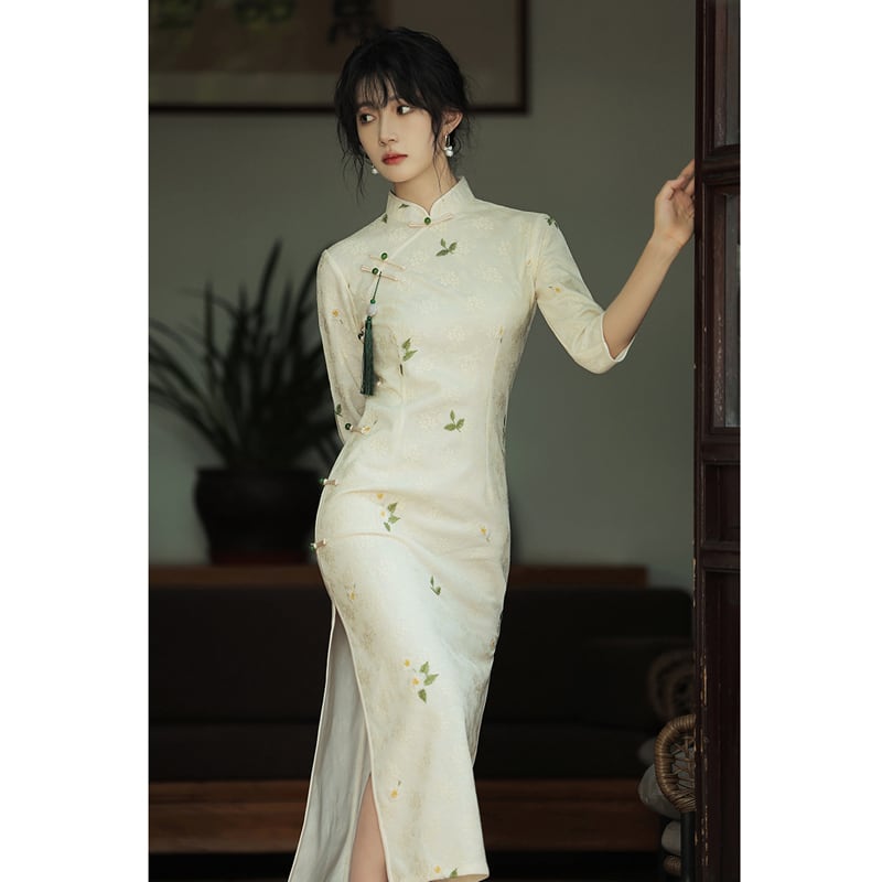 [Milading Series] ★Cheongsam dress★ Chinese style dress lace 3/4 sleeve slit elegant cute white white