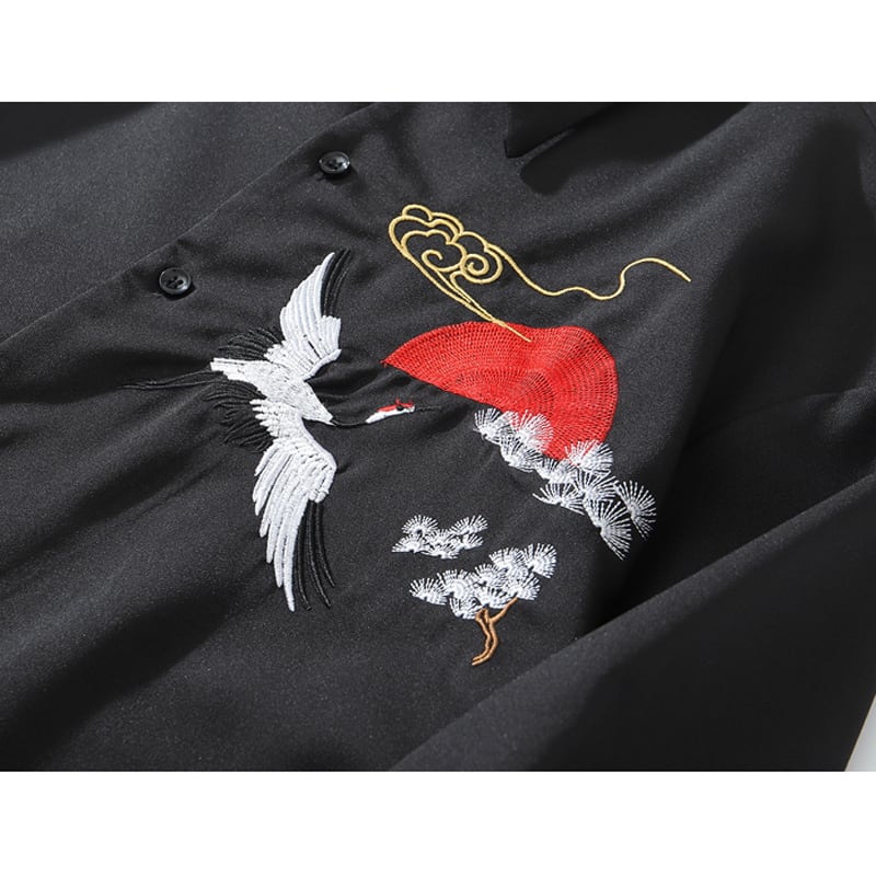 [Jusei Series]★China style top★ Y-shirt, crane embroidery, men's, unisex, easy to match, loose, black