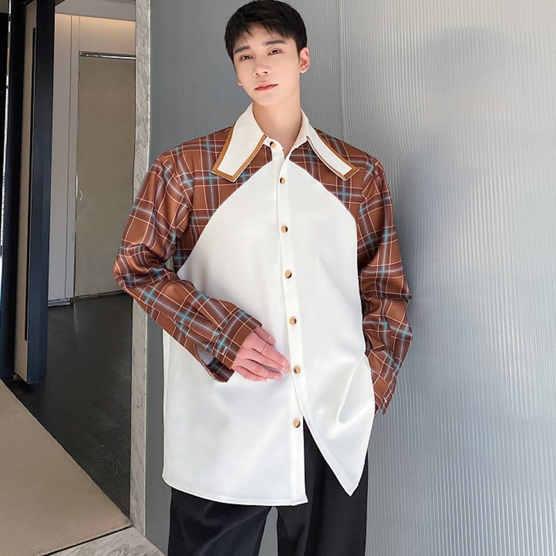 [Illustrated Series]★Shirt★ Tops Unisex Men's Spring Clothes Long Sleeve Shirt Switching Plaid Pattern Faux Layered