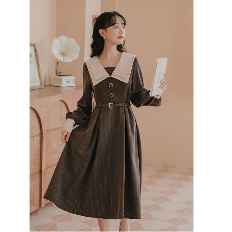 [ZITAIMEIGUI series] ★Dress★ 2color Retro Gray Black Long length Cute Easy to match Improves your temperament