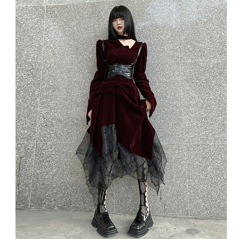 [LadyGhost Series] ★One Piece★ Switching Wine Red Red Retro Stylish Cute Date Shooting