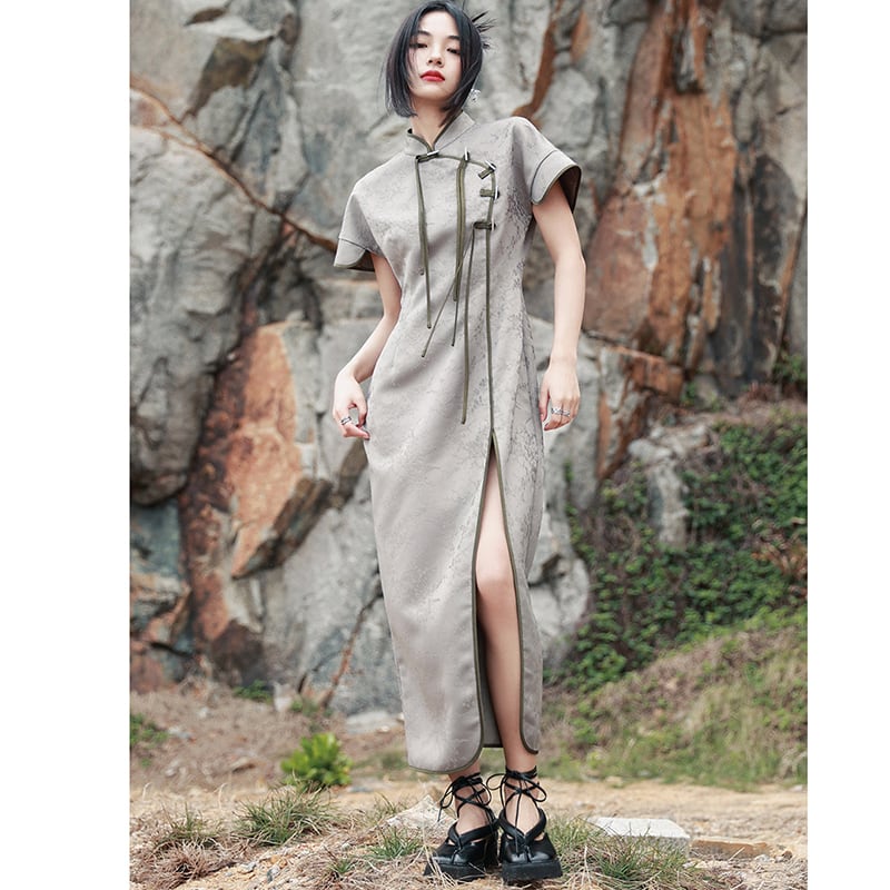 [Da Qinglong Shu Series] ★China style dress★ Improved cheongsam dress Color scheme Improves temperament Long length Silver gray