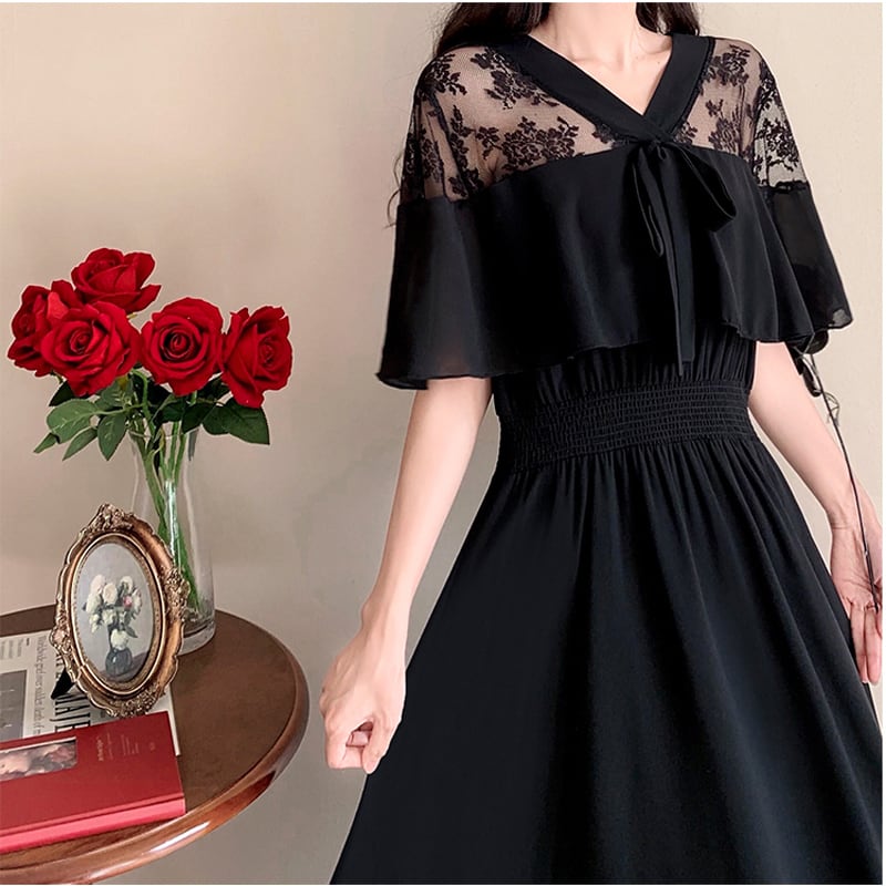 [Dong Xiaojie Series] ★Dress★ Large size lace chiffon switching black black V neck short sleeve summer