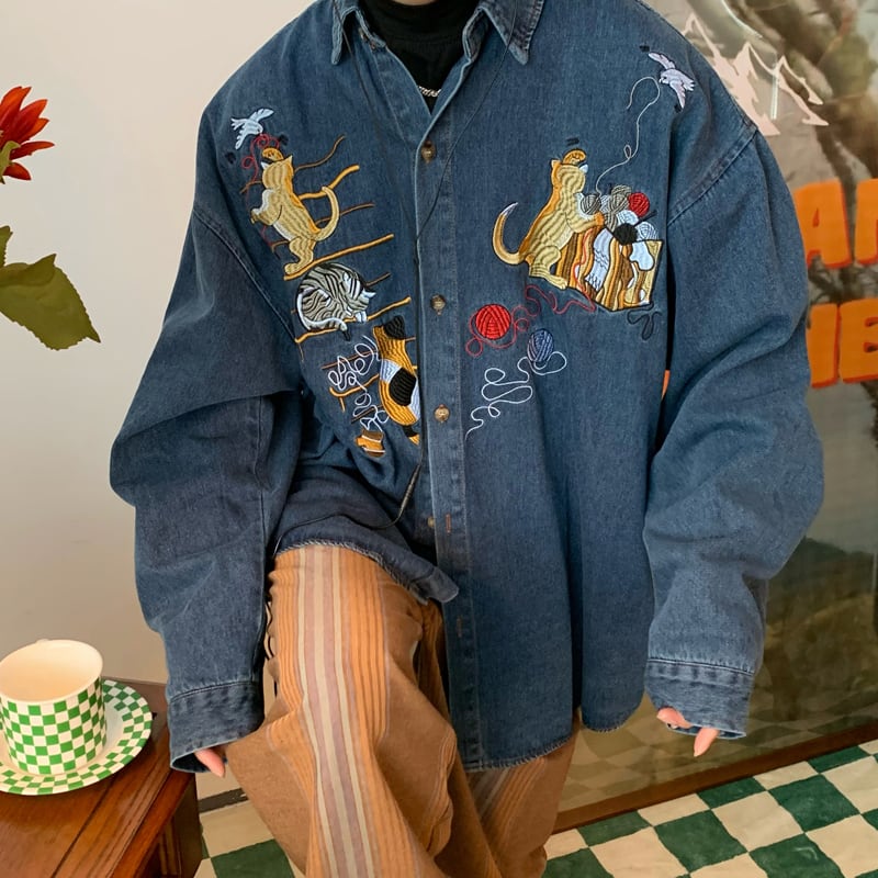 [C2 Studios Series] ★Embroidery Shirt★ Denim Shirt Cat Cat Tops Unisex Blue Blue Men's Cute