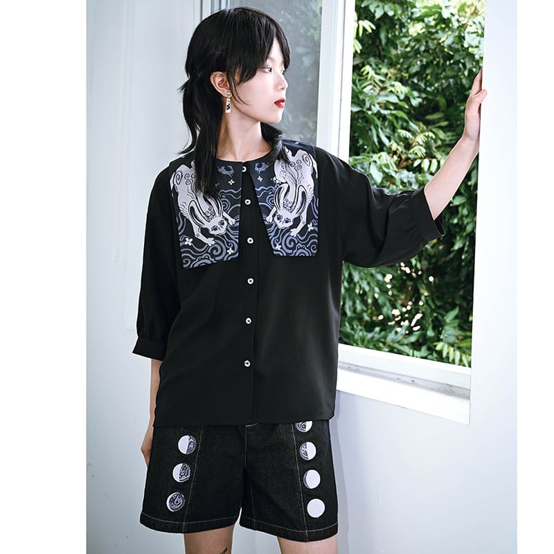 [Old Monster --- Rabbit Series] ★China style shirt★ 2color tops 3/4 sleeve tops black purple