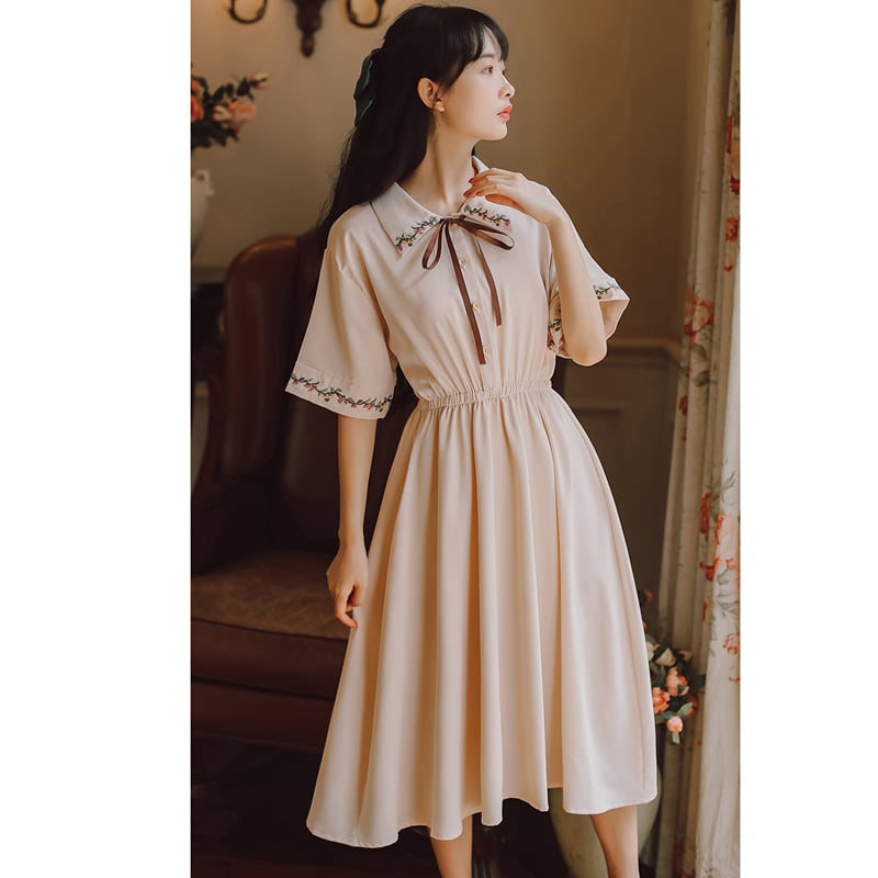 [Shukunsho series]★China style dress★2color embroidery long length short sleeve summer cute easy to match beige green