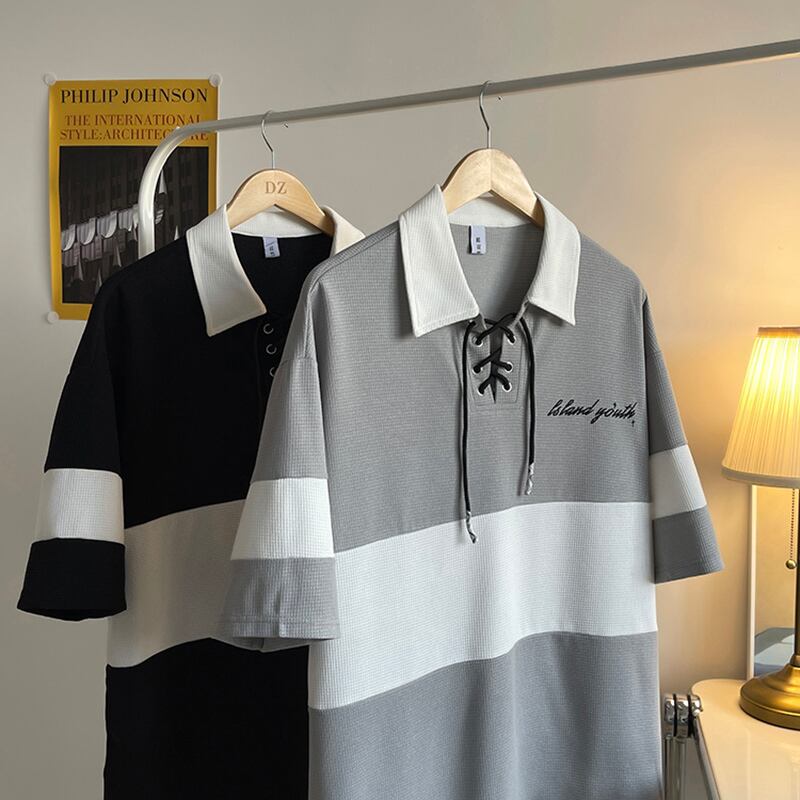 [CHAOMEICHEN Series] ★POLO Shirt★ 2color Tops Unisex Men's Horizontal Striped Striped Pattern Black Gray