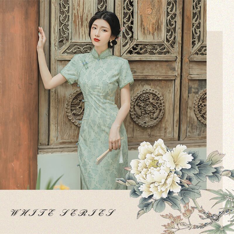 [Queen Series] ★China-style dress★ Improved cheongsam dress Improves temperament Short sleeves Green Green S M L XL