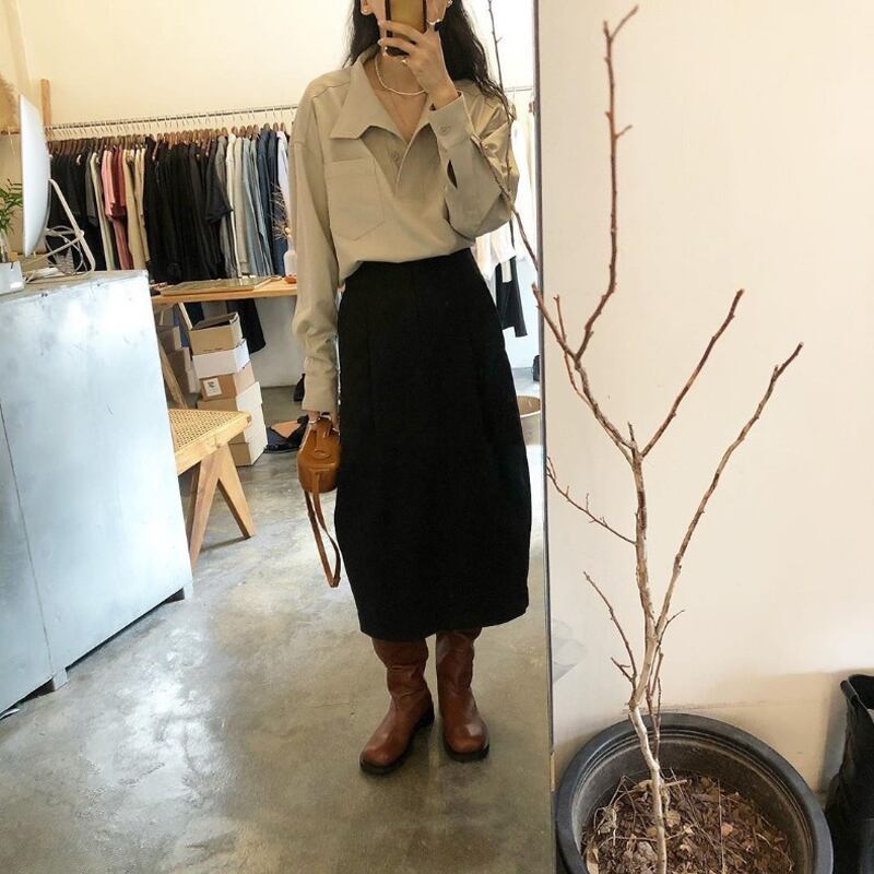 [Sleeveless series] ★Tops★ 2color Stand Neck Long Sleeve Simple Commuting Date OL Office Beige Black