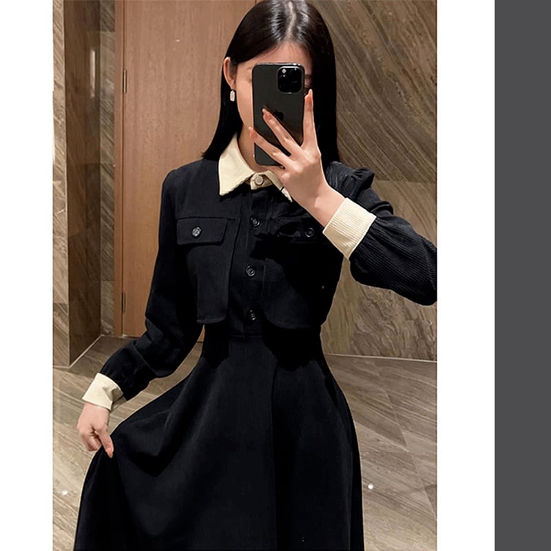 [ZHENMANZI Series] ★One Piece★ Faux layered long sleeve thick women's fashionable slimming appearance enhances your temperament Black Black