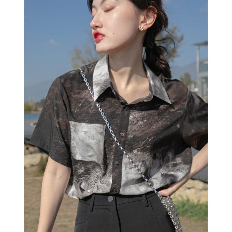 [YOUZI Series]★Shirt★ Tops Printed Short Sleeve Shirt Retro SML XL Fashion Thin Slimming Easy to Match