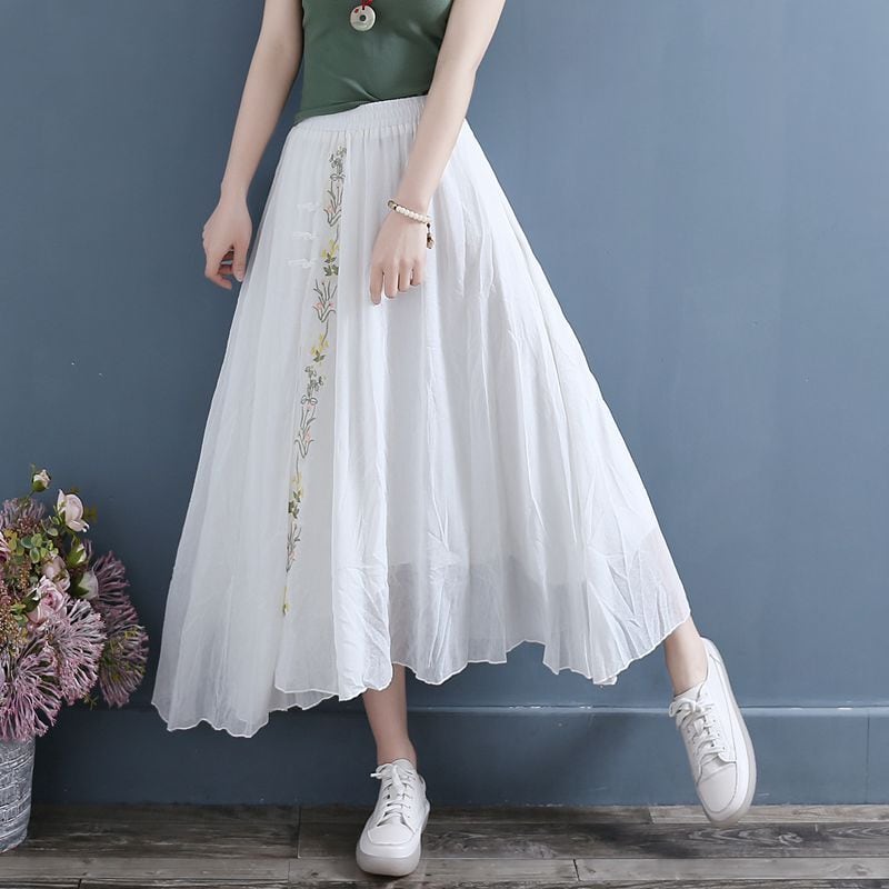 [Qing series]★China style skirt★ 3color bottoms cotton linen embroidery A-line black blue white