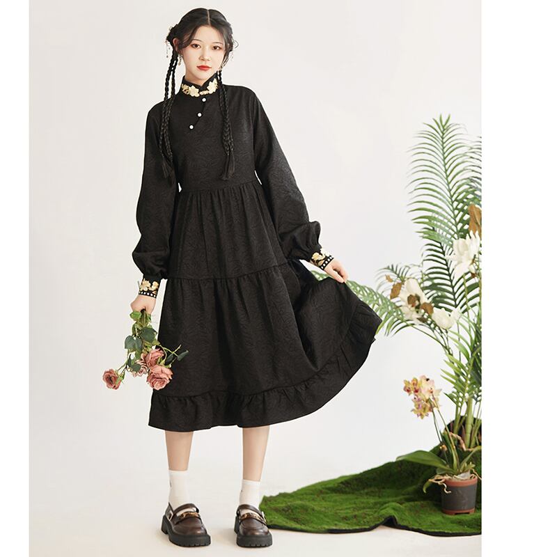 [Three---Kinsui Series]★China style dress★2color embroidery long sleeve dress everyday wear cute black white