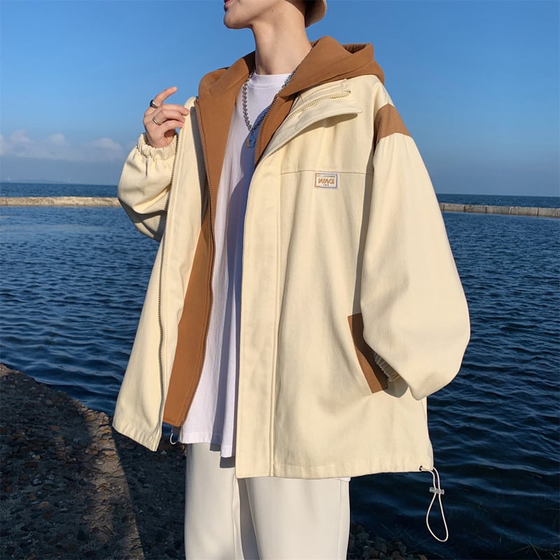 [MANYSTON series]★Jacket★ Outerwear 3color fake layered hooded unisex men's green black beige