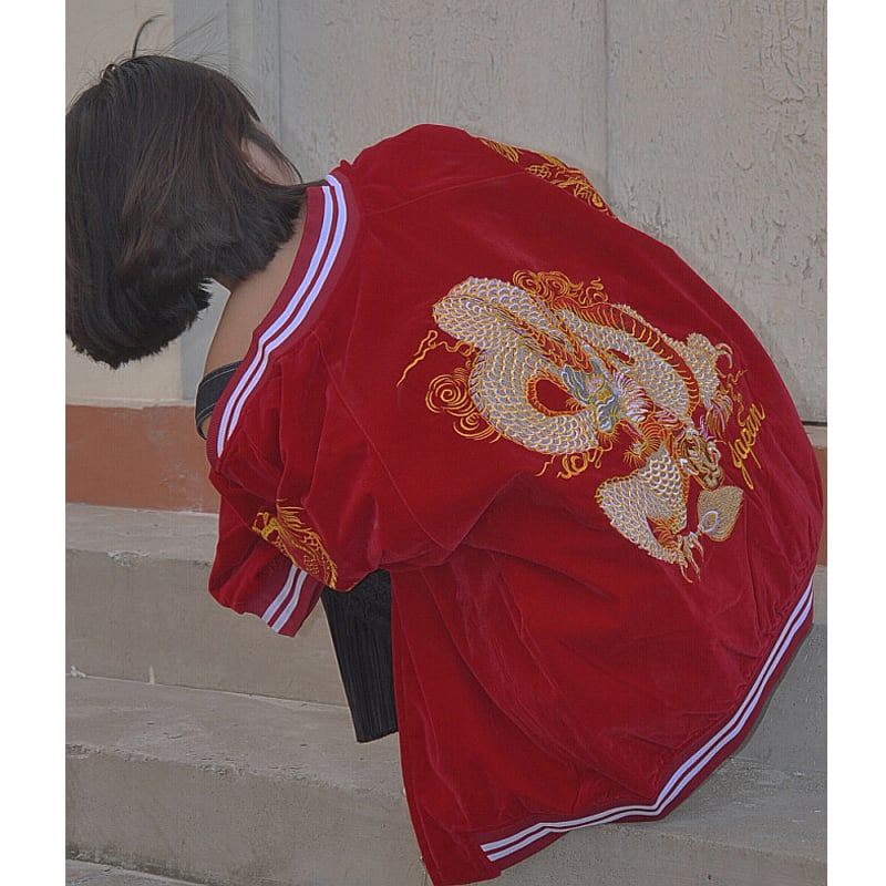 [Forever series]★China style outerwear★2color Black or red Dragon embroidered Dragon Dragon crest Stadium jacket Jacket Sukajan