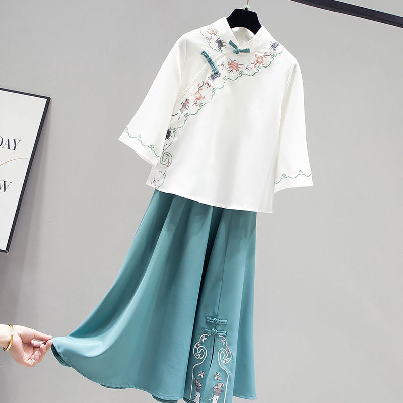 [Ring Series] ★Chinese-style set★ 2 colors Blue-green or pink Top + skirt Embroidery SML XL 2XL