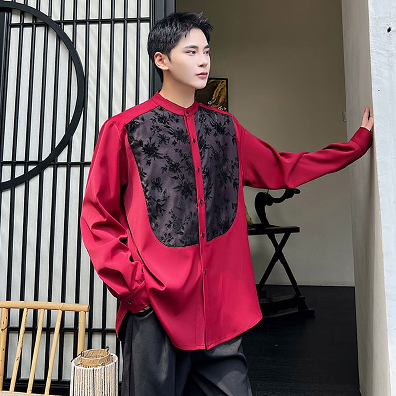 [Illustrated series] ★China style shirt★ 2color tops unisex men's black red floral pattern switching