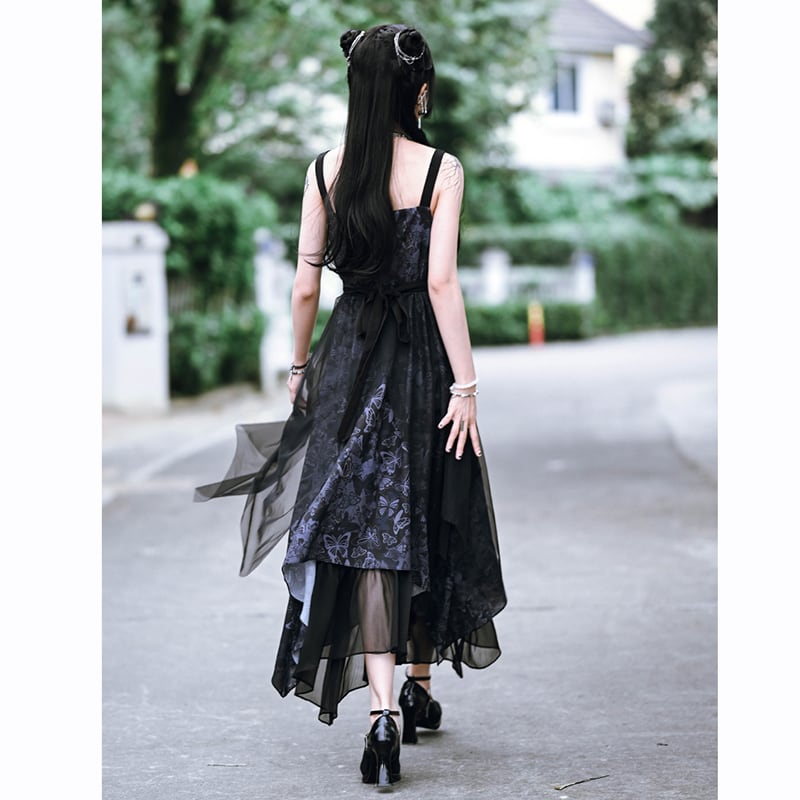 [Ancient monster house --- Butterfly series] ★China style dress★ Hanging dress Butterfly pattern print Long length Cute