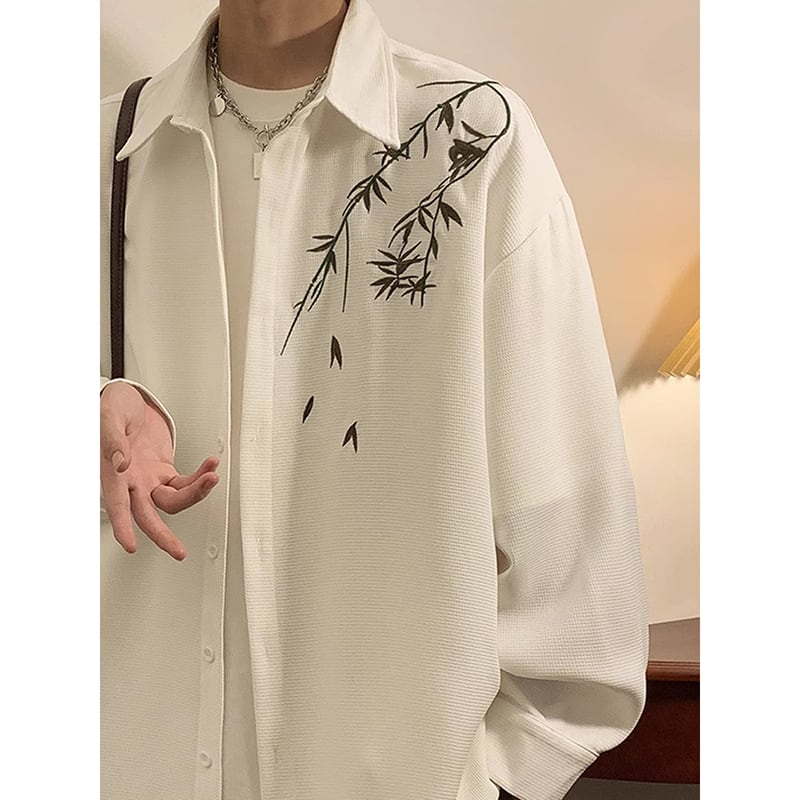 [YOULIN Series]★China style shirt★ 2color brushed lining embroidery bamboo tops unisex men's large size black white