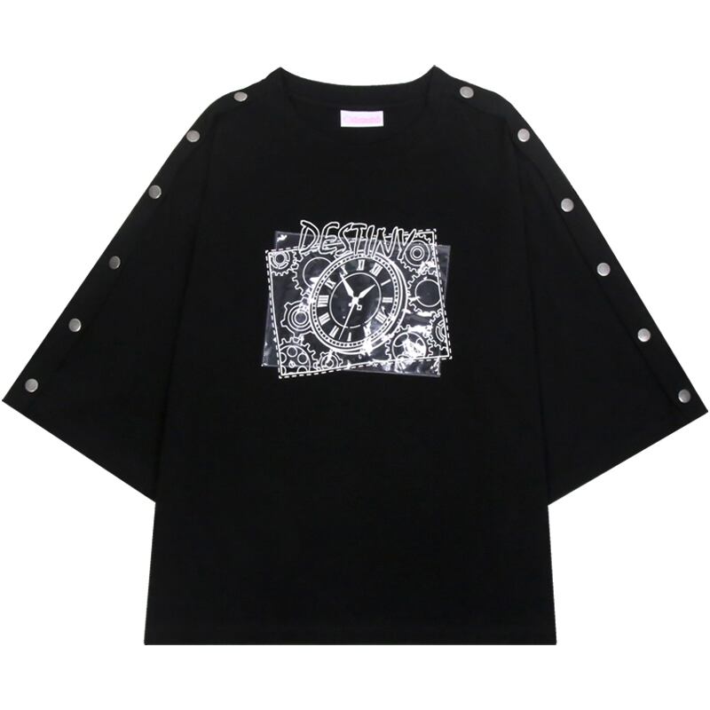 [Nekogan Series] ★T-shirt★ Cotton Tops Women's Fashion Cute 3/4 Sleeve Black Black