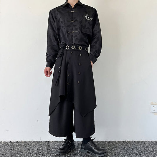 [Illustrated series] ★Pants★ Gaucho pants Unisex Men's Nine-quarter length Black Black Faux layered Culottes