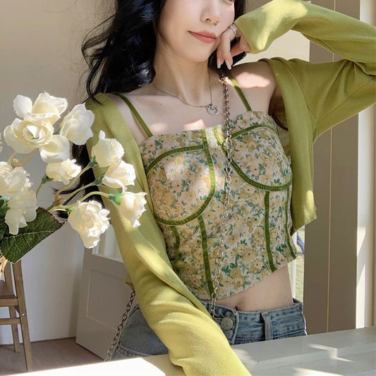 [KEKELI Series]★Setup Single Order★ 2color Tank Top or Cardigan Floral Pattern Sexy Pink Green