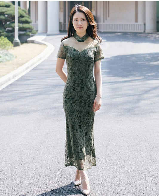 Chinese dress, One-piece dress, Improved Chinese dress, Chinese style clothing, Stand neck, Short sleeves, Long length, Elegant, Slimming, Elegant, Large size, SML, XL, 2XL, 3XL, Lace, Green, Green