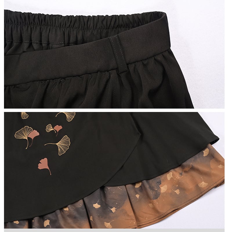 [Kokaisha --- Leaf Series] ★China style skirt★ Bottoms Switching Color scheme Floral print Black Black