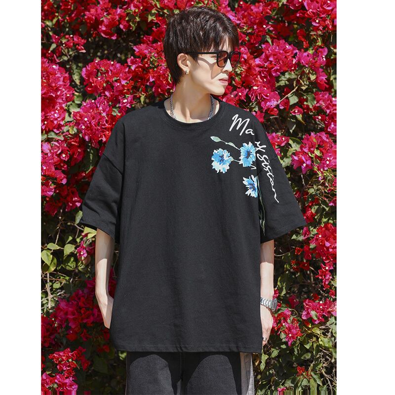 [MANYSTON Series]★T-shirt★ Tops 3color Unisex Men's Short Sleeve Floral Pattern Blue White Black Casual