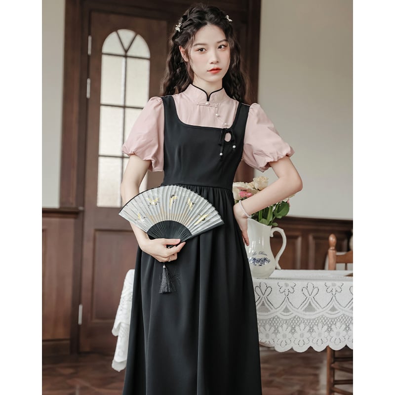 [White Moonlight Series] ★China style dress★ 2color improved cheongsam dress summer clothes fake layered black green