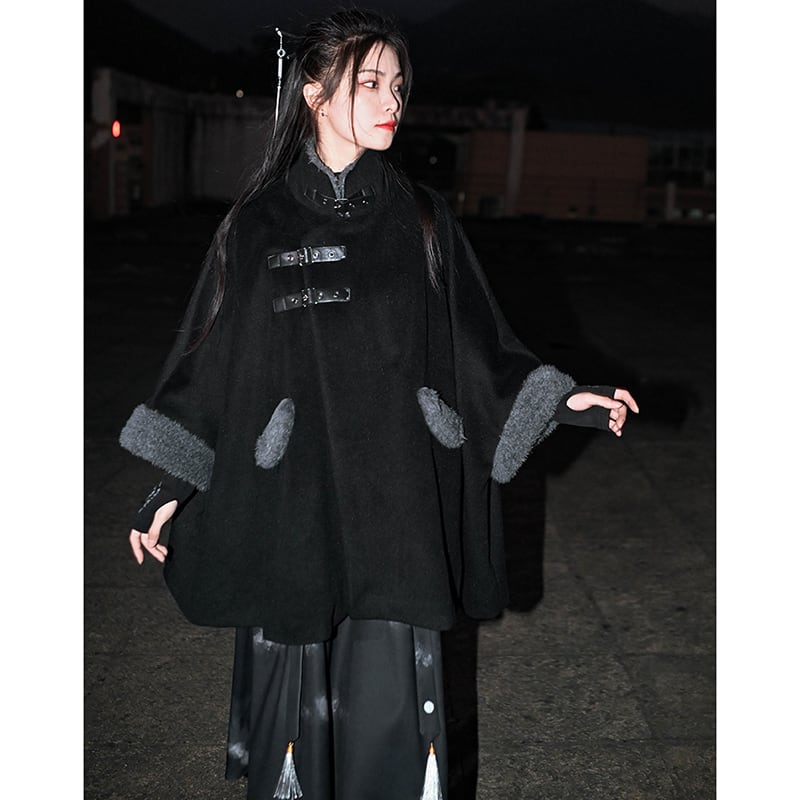 [Ancient monster house---Shanhai Jing Kunlun series] ★China style coat★ Outer coat Lasha loose thick warm black black cloak coat