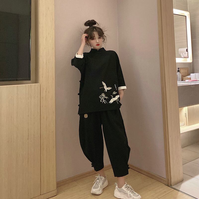 Chinese style trousers, summer cropped pants, bottoms, Chinese style clothing, black, black, large size, ML, XL, 2XL, easy to match