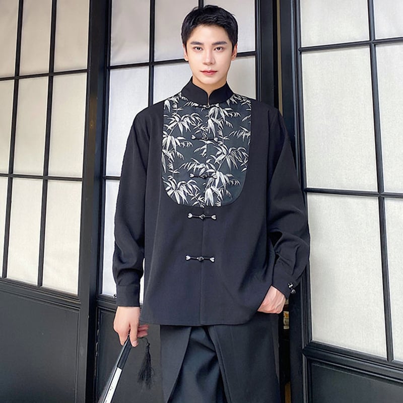 [Illustrated Series]★China Style Shirt★ Tops Unisex Men's Black Bamboo Pattern Switching Chinese Clothes