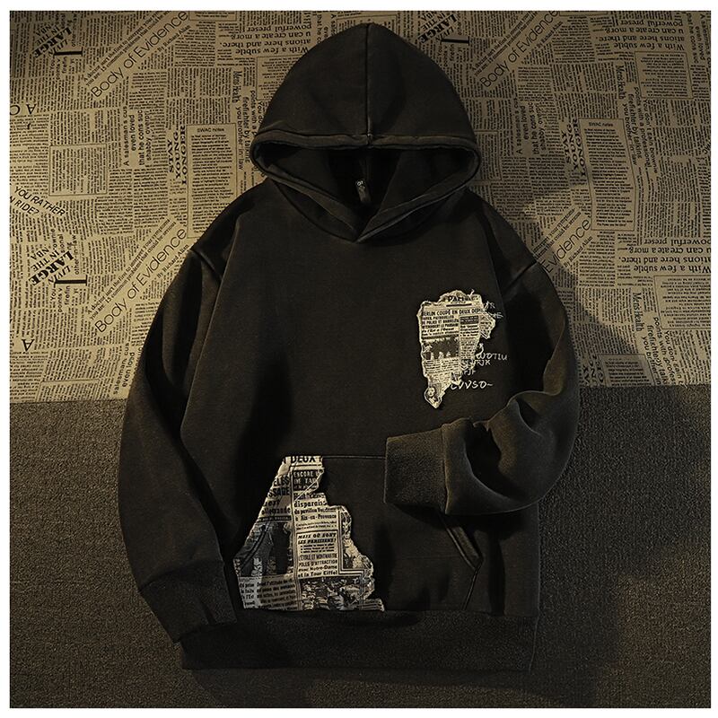 [Roba Series] ★Fleece-lined hoodie★ 2color tops unisex men's newspaper pattern retro black white